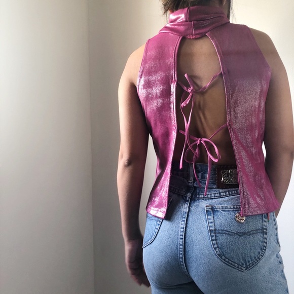 Vintage open back hot pink mock neck - Picture 3 of 4